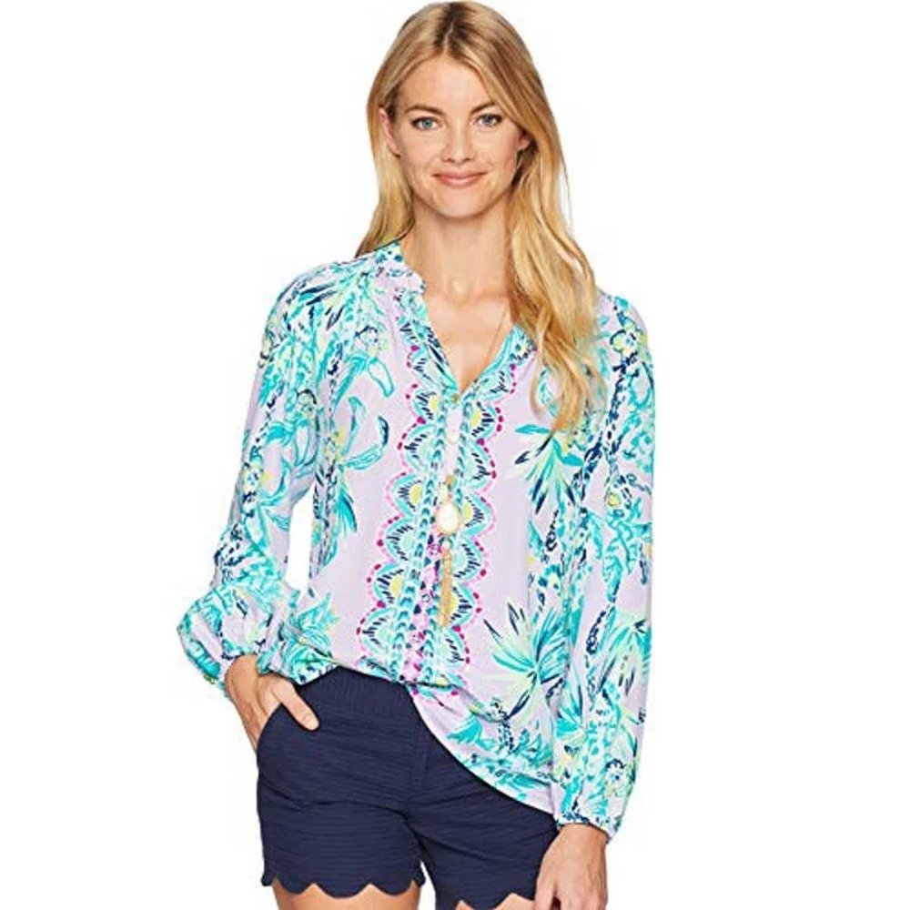 Lilly Pulitzer Elsa Top Lilac Verbena It's Impawsible Print 100% Silk SZ XL